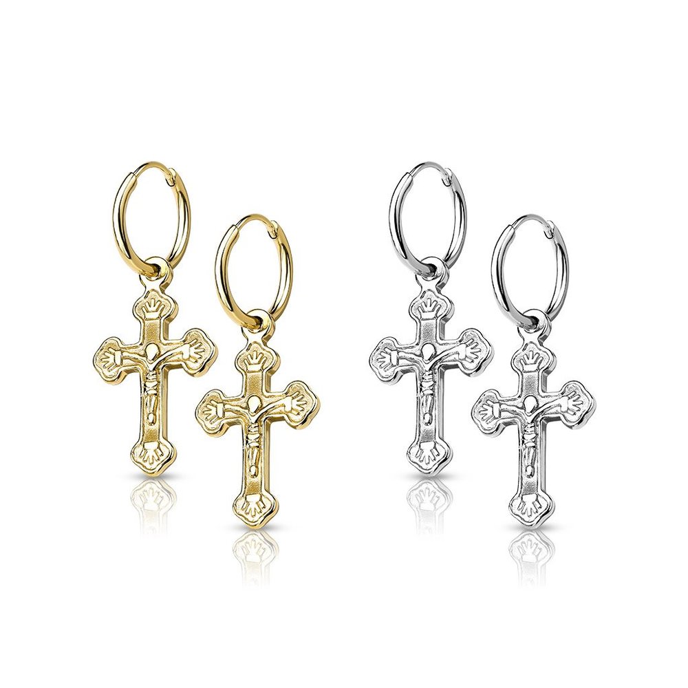 Pair of 316L Surgical Steel Hoop Earrings with Cross Dangle